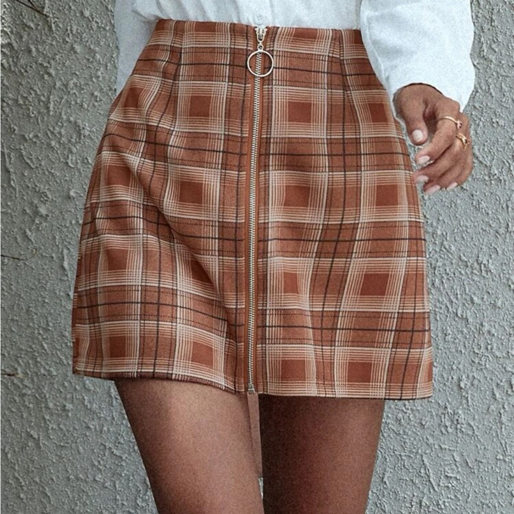 Camel Plaid Zipper Up A-line Skirt